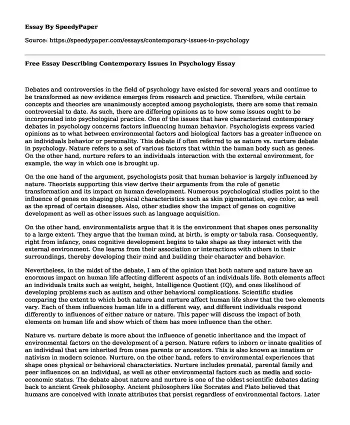 Free Essay Describing Contemporary Issues in Psychology