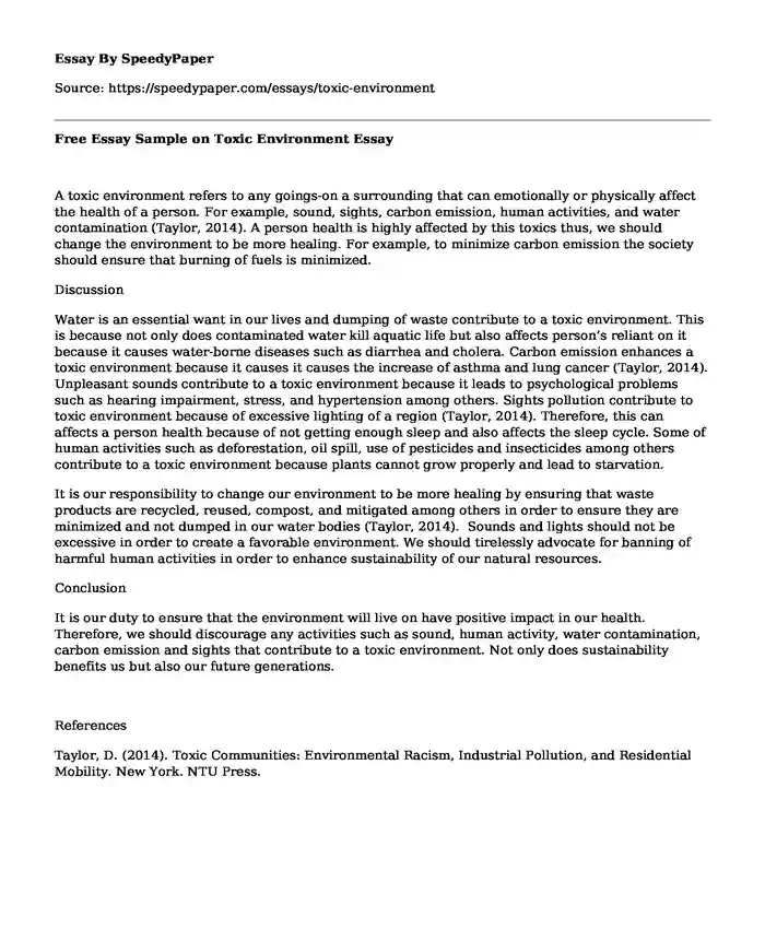 Free Essay Sample on Toxic Environment