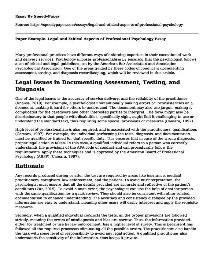 Paper Example. Legal and Ethical Aspects of Professional Psychology