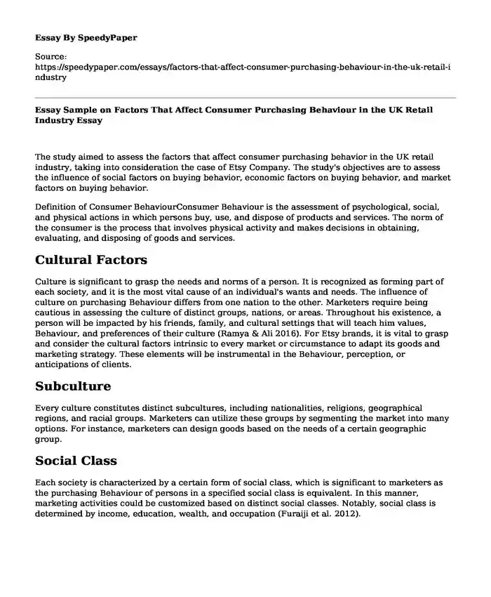 Essay Sample on Factors That Affect Consumer Purchasing Behaviour in the UK Retail Industry