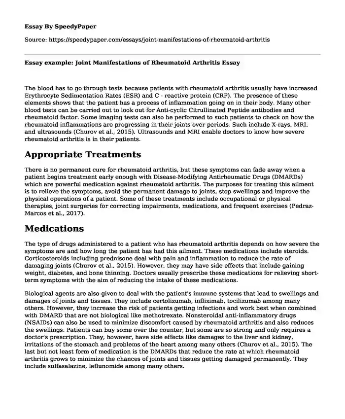 Essay example: Joint Manifestations of Rheumatoid Arthritis