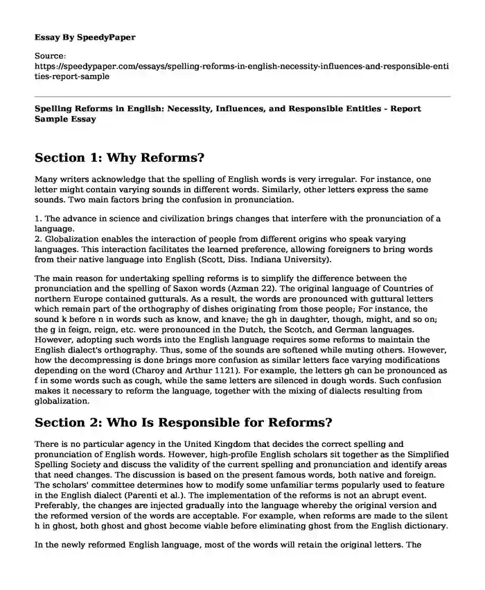 Spelling Reforms in English: Necessity, Influences, and Responsible Entities - Report Sample