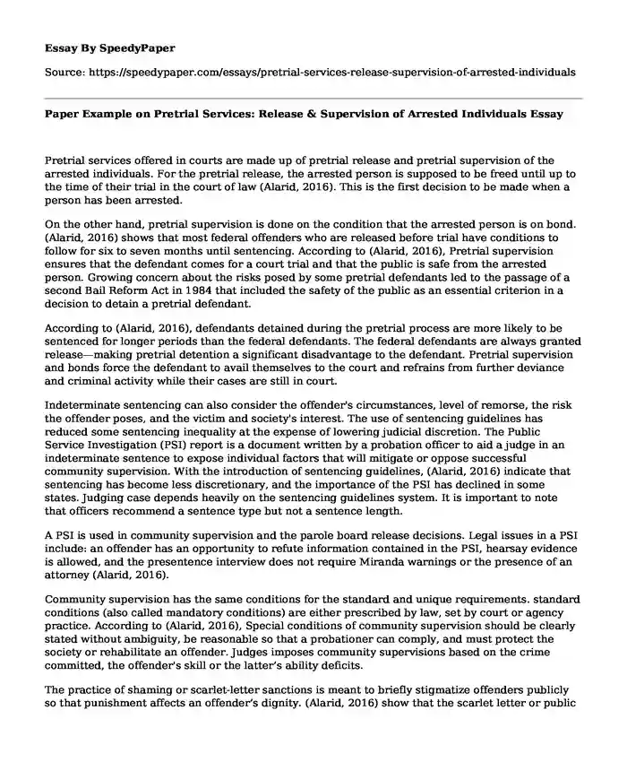 Paper Example on Pretrial Services: Release & Supervision of Arrested Individuals