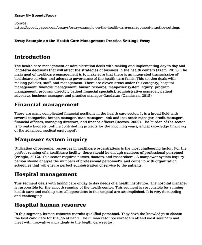 Essay Example on the Health Care Management Practice Settings