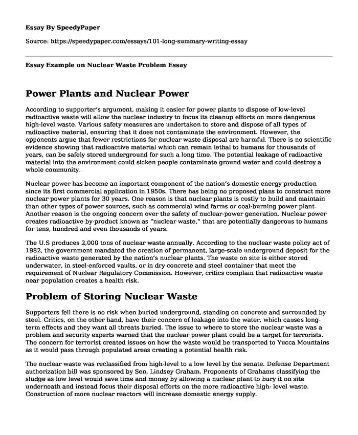 Essay Example on Nuclear Waste Problem