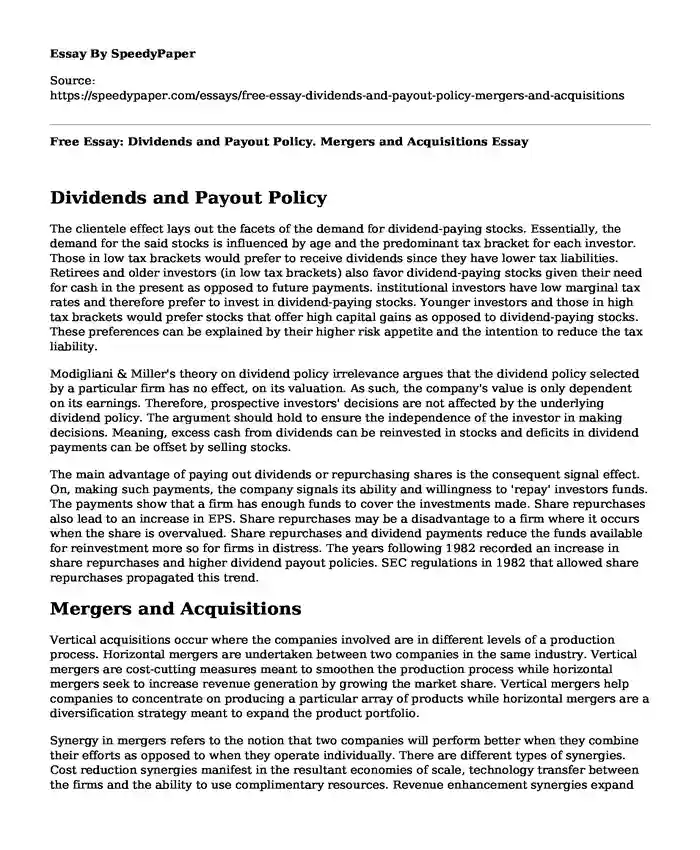 Free Essay: Dividends and Payout Policy. Mergers and Acquisitions