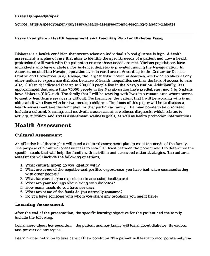 Essay Example on Health Assessment and Teaching Plan for Diabetes