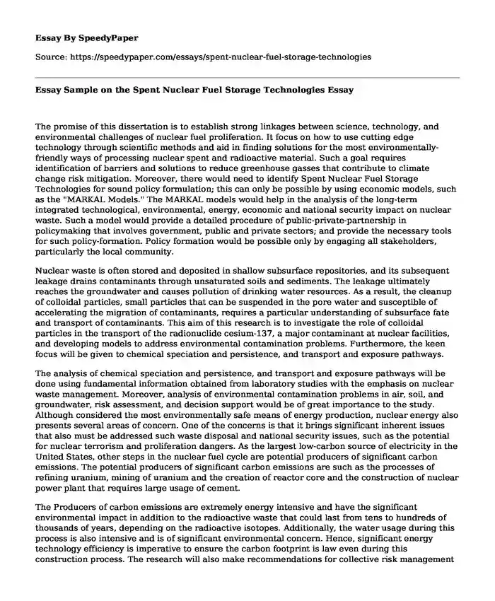 Essay Sample on the Spent Nuclear Fuel Storage Technologies