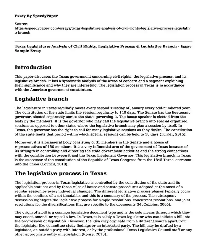 Texas Legislature: Analysis of Civil Rights, Legislative Process & Legislative Branch - Essay Sample