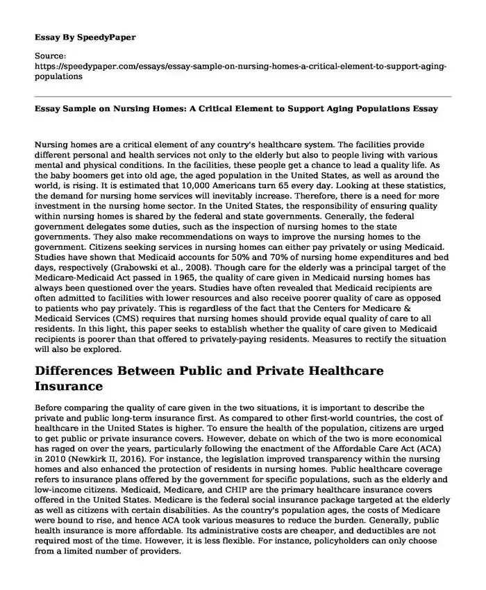 Essay Sample on Nursing Homes: A Critical Element to Support Aging Populations