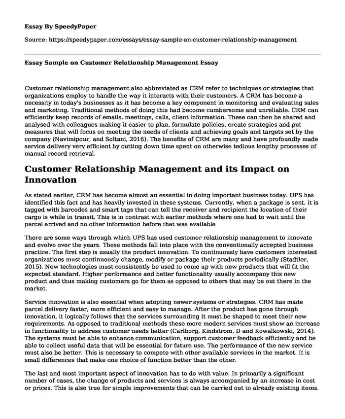 Essay Sample on Customer Relationship Management