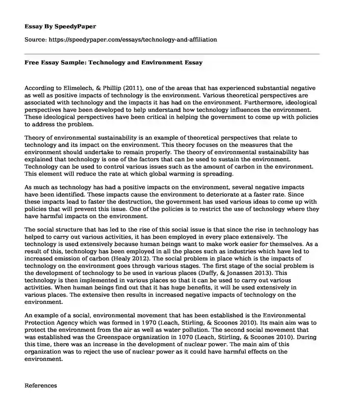 Free Essay Sample: Technology and Environment