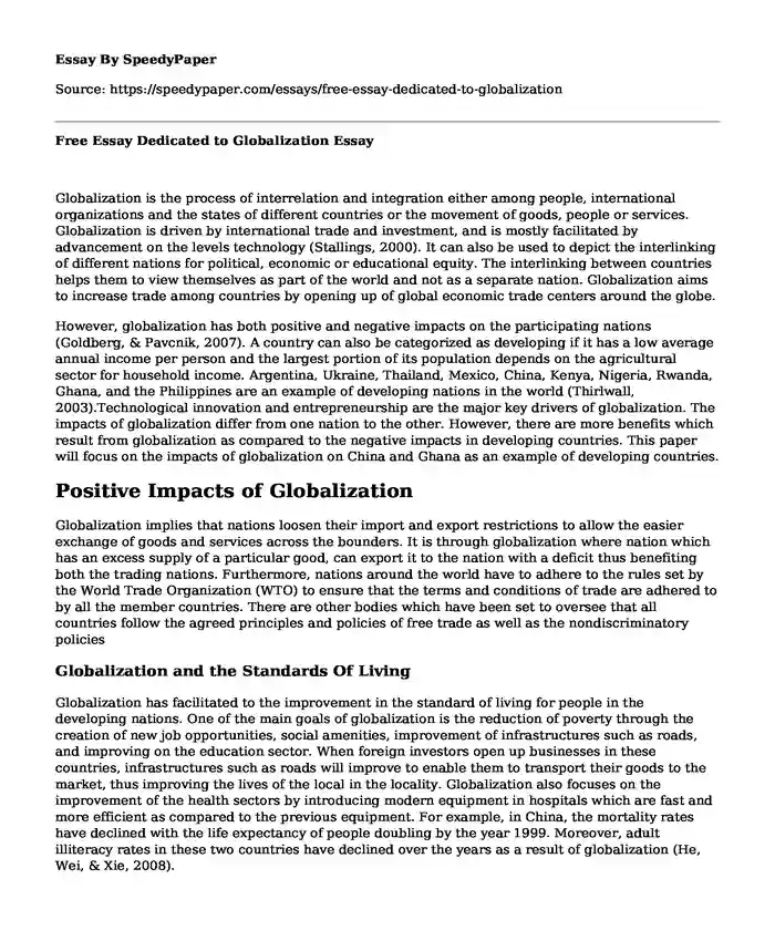 Free Essay Dedicated to Globalization