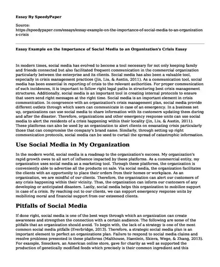 Essay Example on the Importance of Social Media to an Organization's Crisis