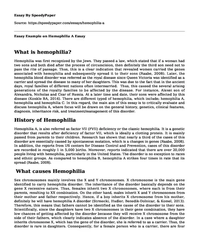 Essay Example on Hemophilia A