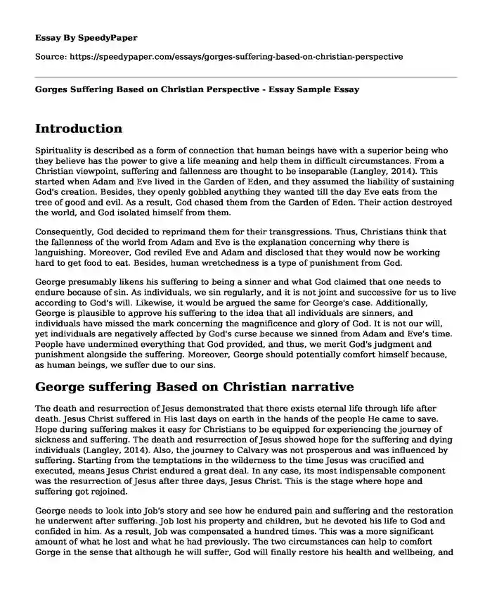 Gorges Suffering Based on Christian Perspective - Essay Sample