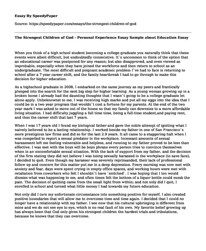 The Strongest Children of God - Personal Experience Essay Sample about Education