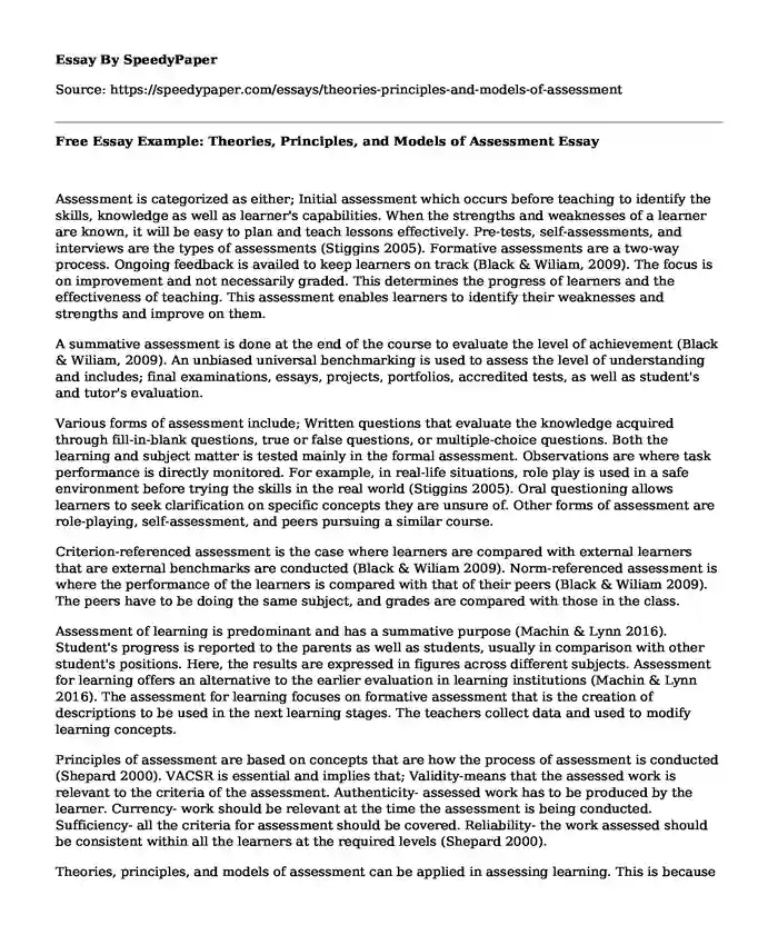 Free Essay Example: Theories, Principles, and Models of Assessment