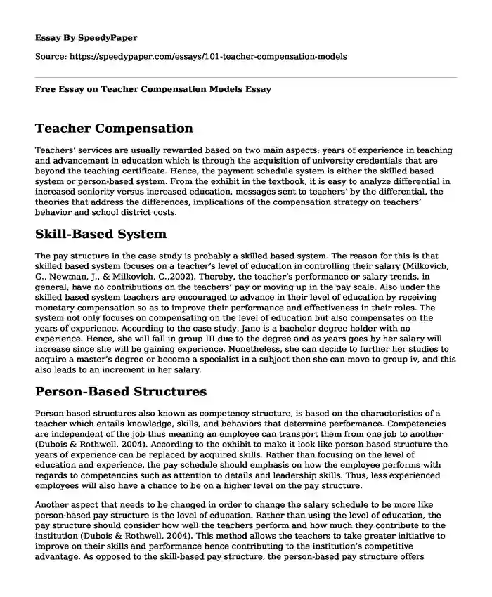 Free Essay on Teacher Compensation Models