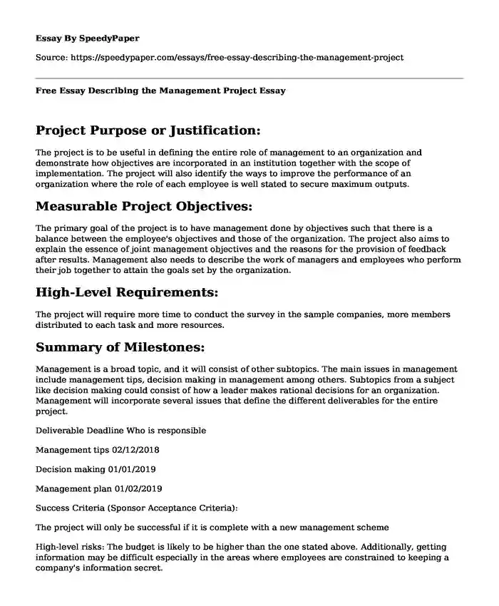 Free Essay Describing the Management Project