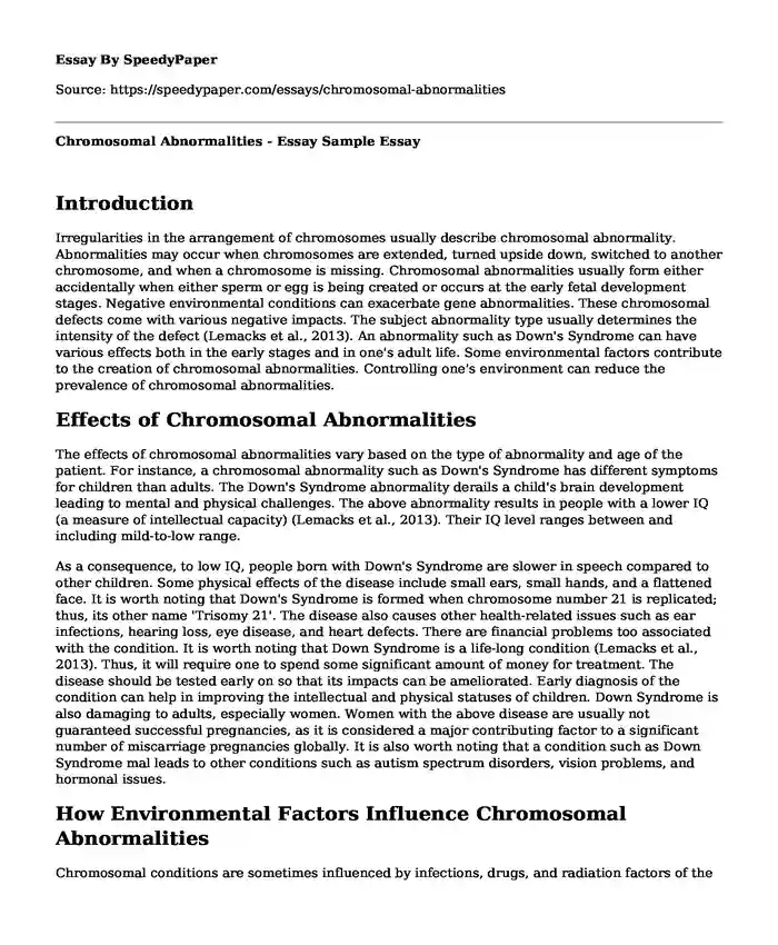 Chromosomal Abnormalities - Essay Sample