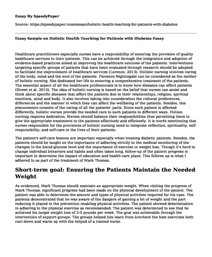 Essay Sample on Holistic Health Teaching for Patients with Diabetes