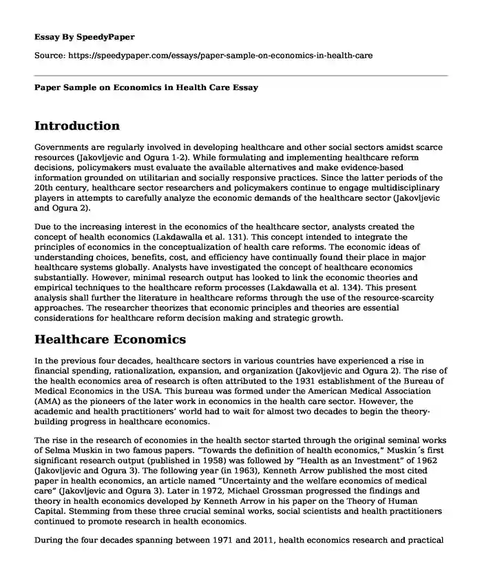 Paper Sample on Economics in Health Care 