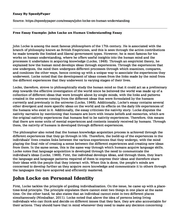 Free Essay Example: John Locke on Human Understanding