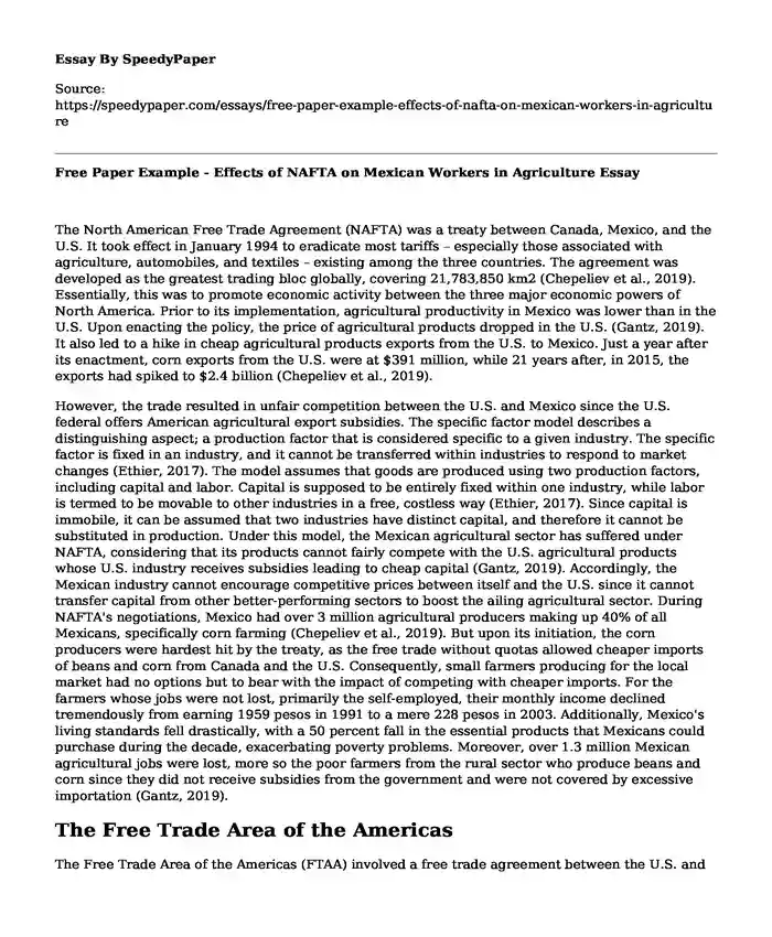 Free Paper Example - Effects of NAFTA on Mexican Workers in Agriculture