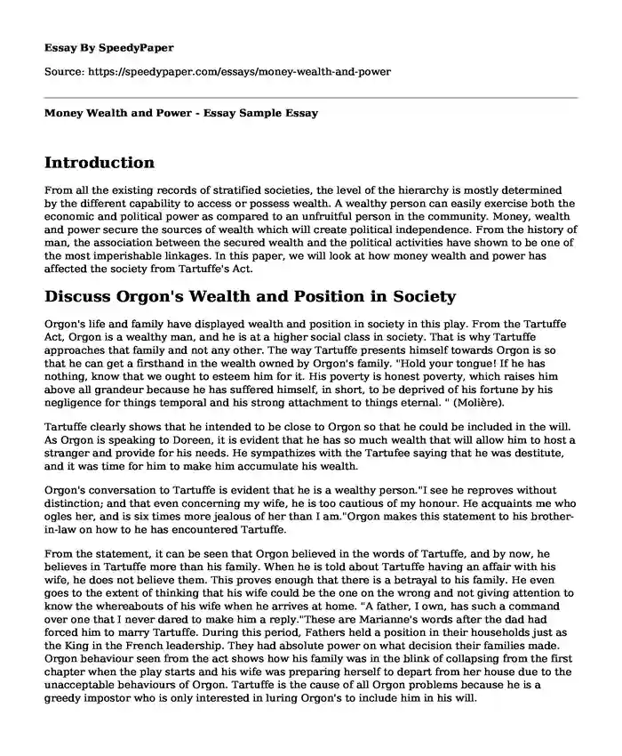 Money Wealth and Power - Essay Sample