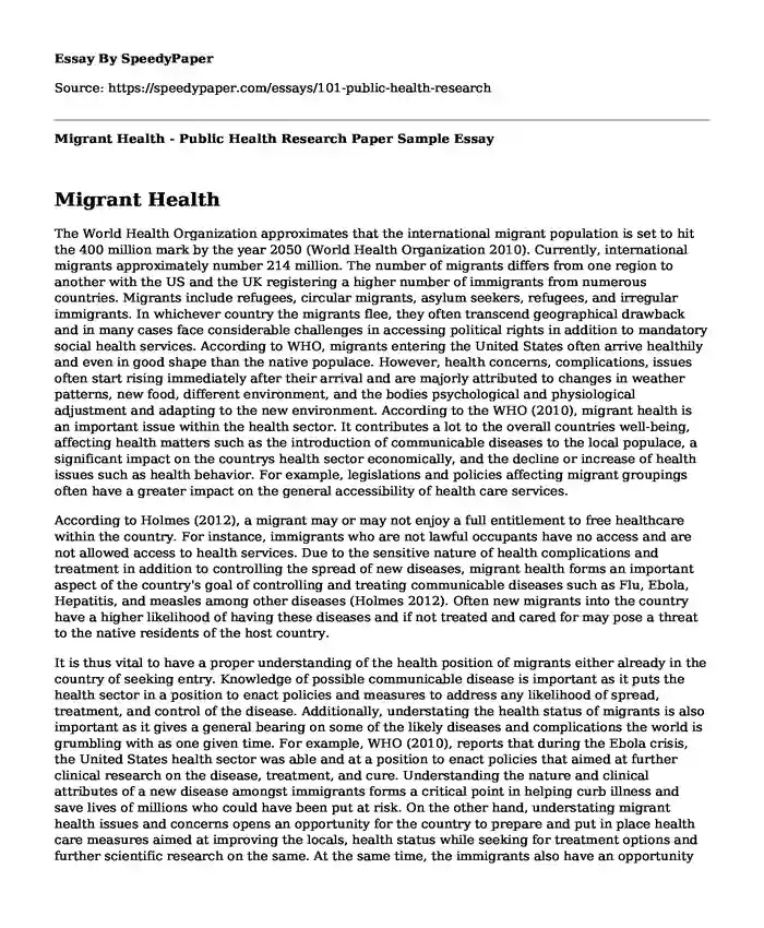 Migrant Health - Public Health Research Paper Sample