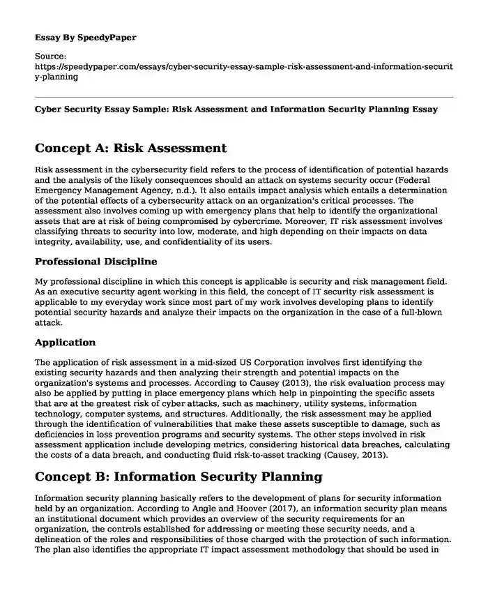 Cyber Security Essay Sample: Risk Assessment and Information Security Planning