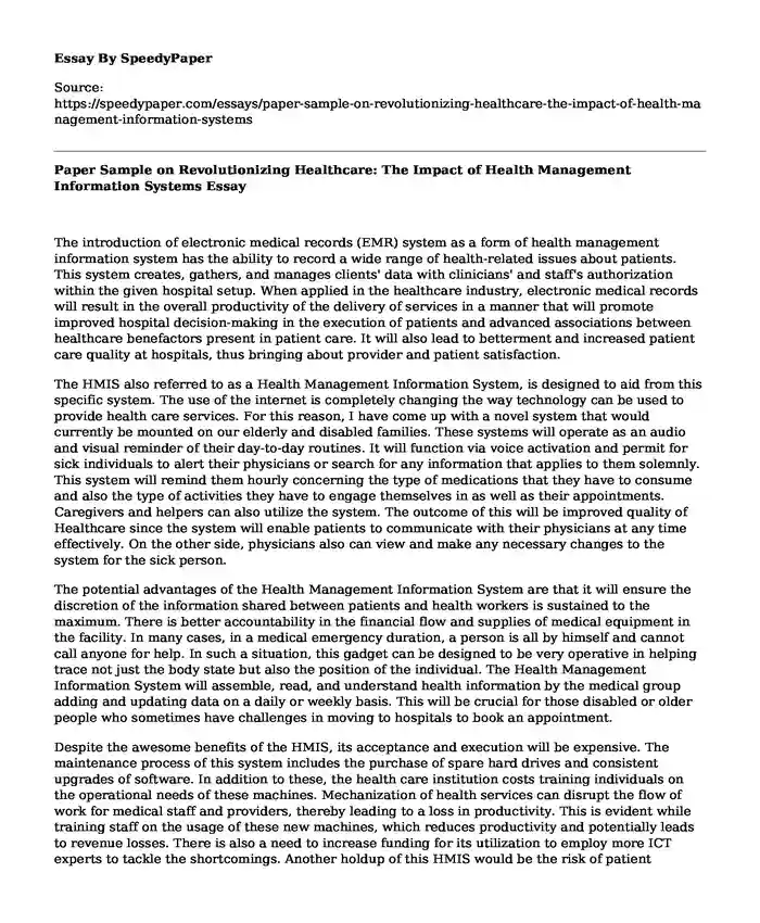 Paper Sample on Revolutionizing Healthcare: The Impact of Health Management Information Systems