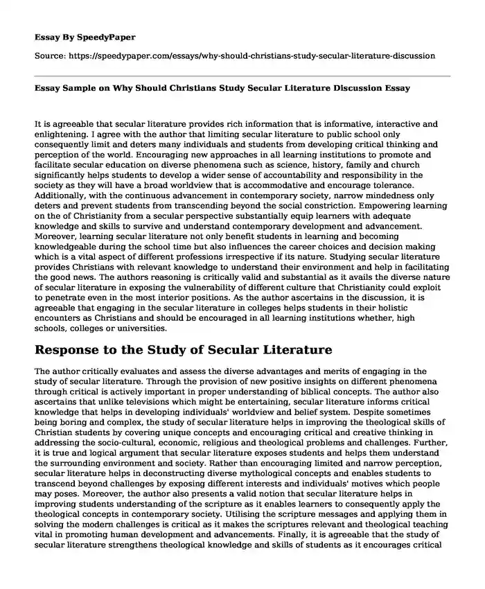 Essay Sample on Why Should Christians Study Secular Literature Discussion