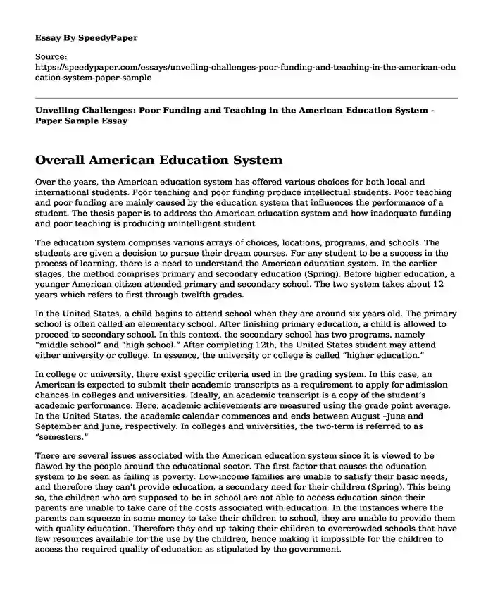 Unveiling Challenges: Poor Funding and Teaching in the American Education System - Paper Sample