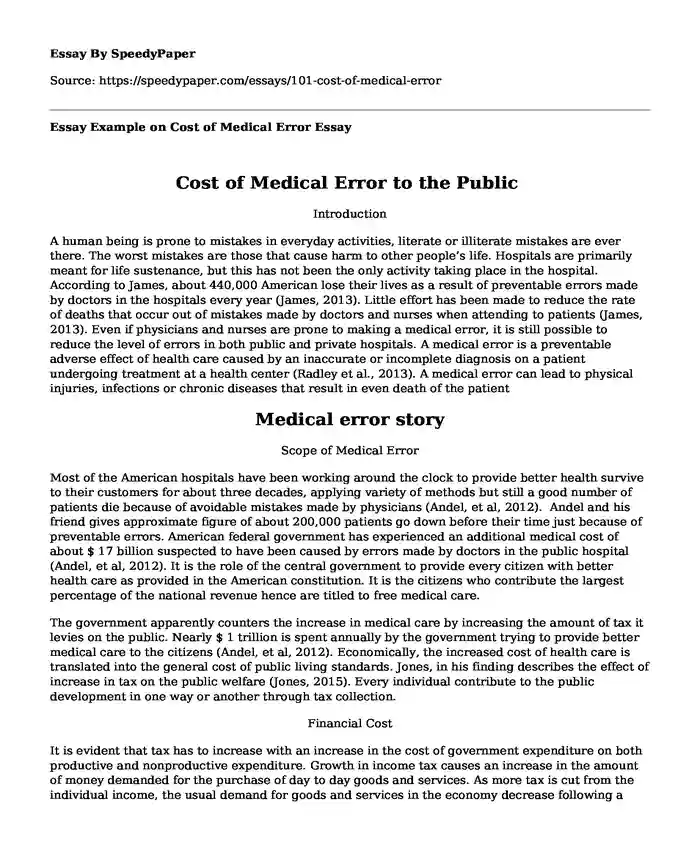 Essay Example on Cost of Medical Error
