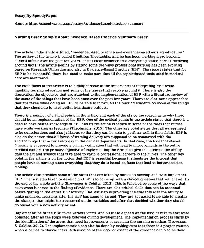 Nursing Essay Sample about Evidence Based Practice Summary