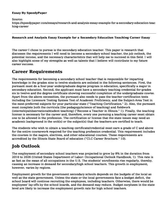 Research and Analysis Essay Example for a Secondary Education Teaching Career