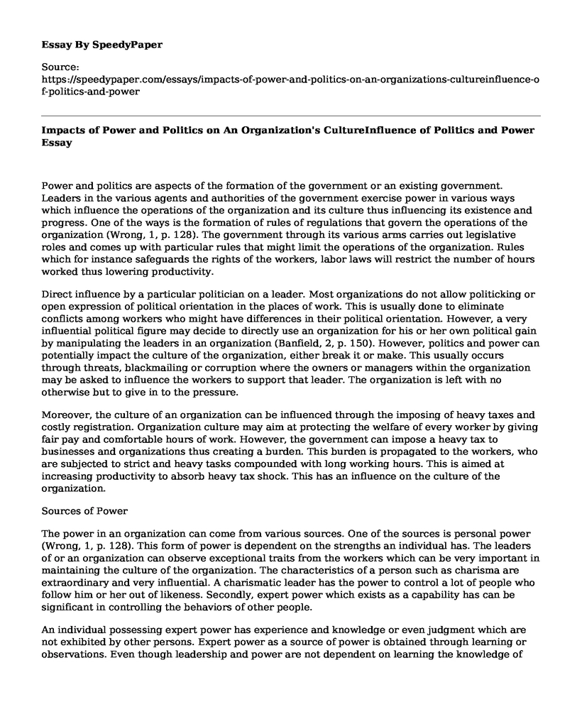 Impacts of Power and Politics on An Organization's CultureInfluence of Politics and Power