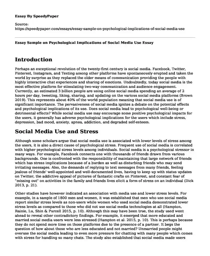 Essay Sample on Psychological Implications of Social Media Use