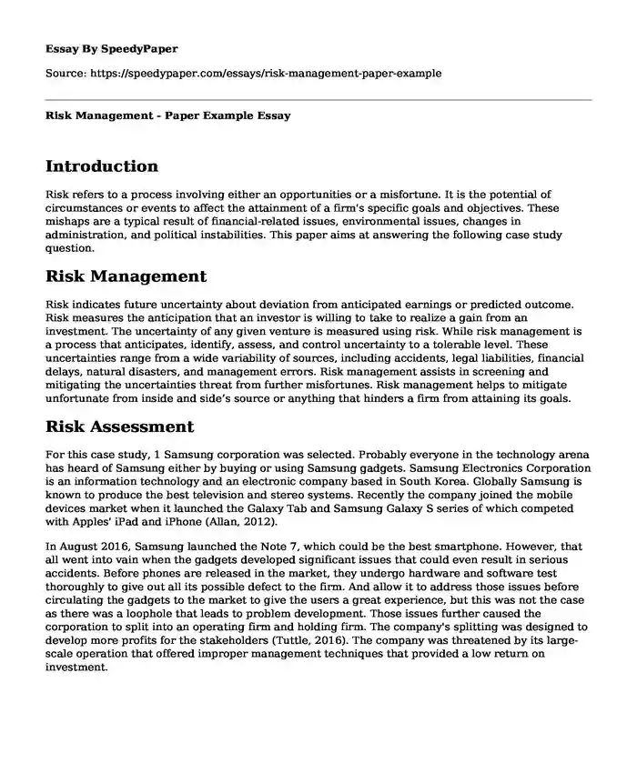 Risk Management - Paper Example