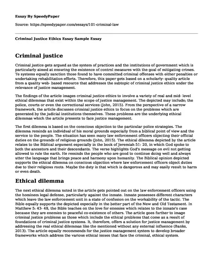 Criminal Justice Ethics Essay Sample