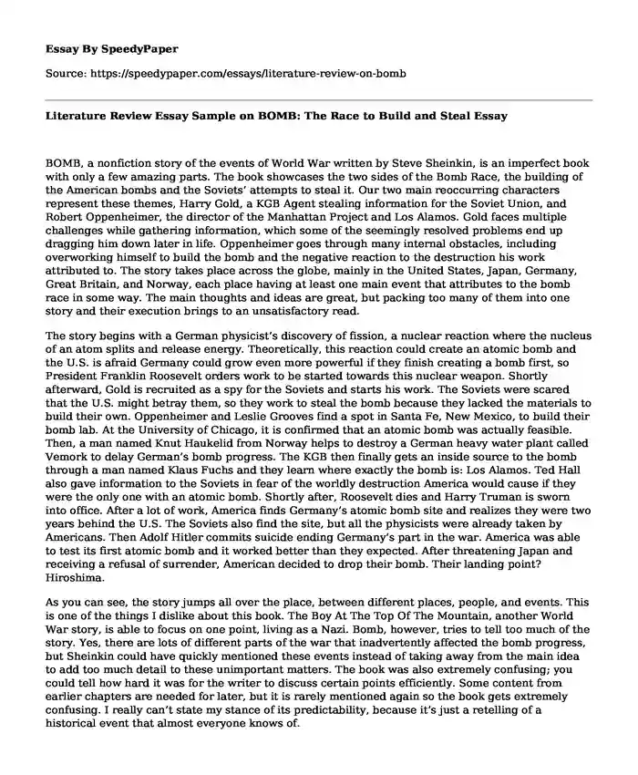 Literature Review Essay Sample on BOMB: The Race to Build and Steal