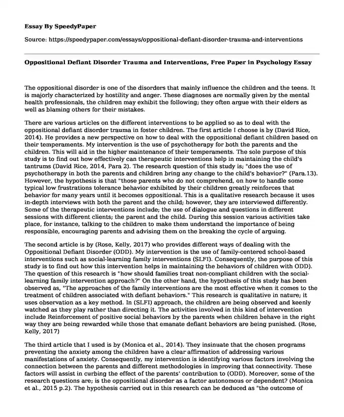 Oppositional Defiant Disorder Trauma and Interventions, Free Paper in Psychology