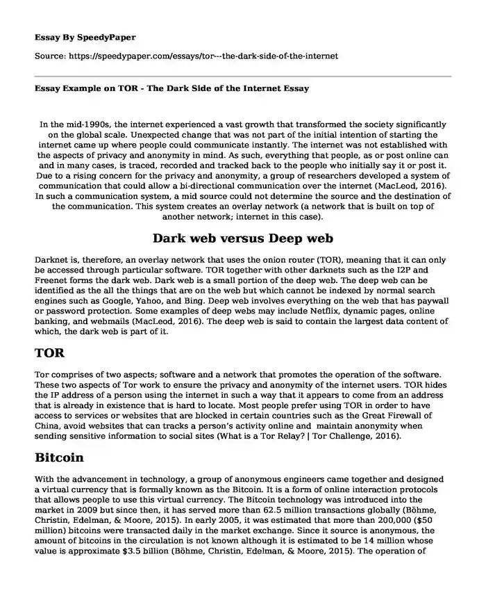 Essay Example on TOR - The Dark Side of the Internet