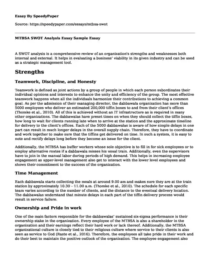 MTBSA SWOT Analysis Essay Sample