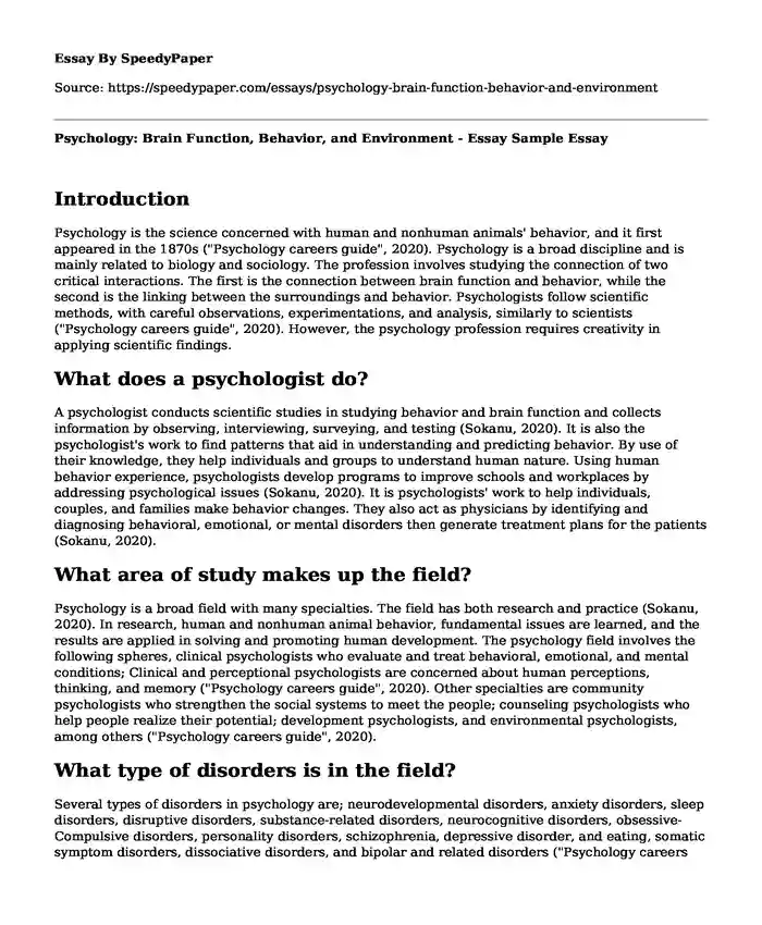 Psychology: Brain Function, Behavior, and Environment - Essay Sample