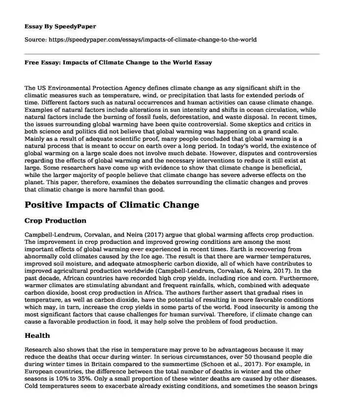 Free Essay: Impacts of Climate Change to the World