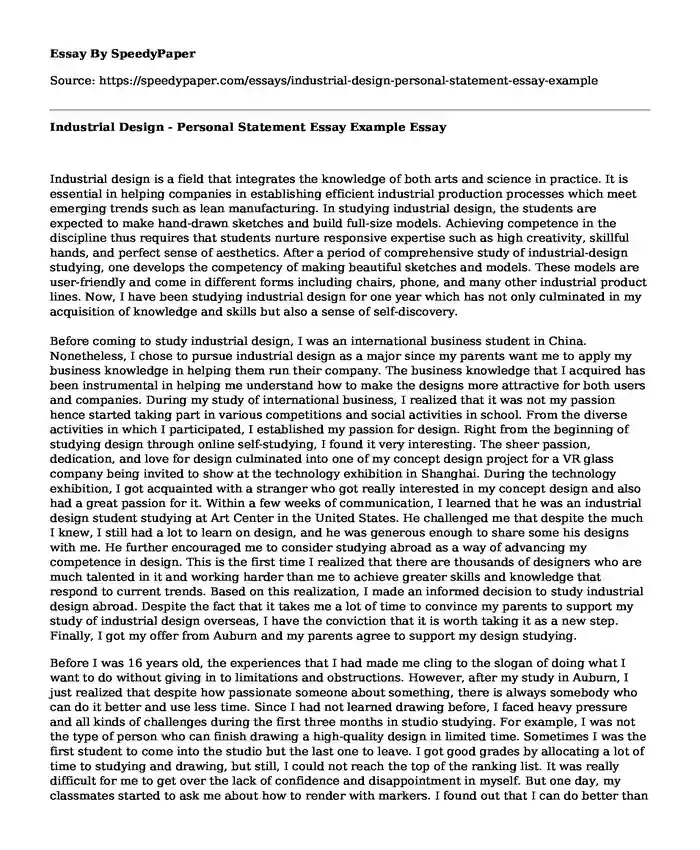 Industrial Design - Personal Statement Essay Example