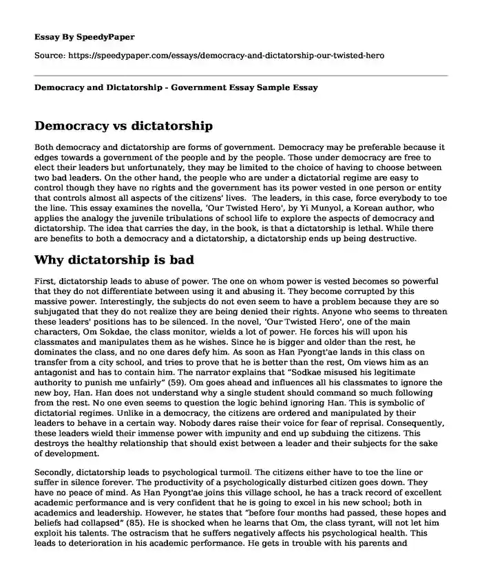 Democracy and Dictatorship - Government Essay Sample